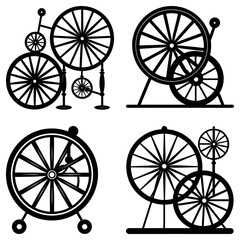 Fototapeta premium Four black and white illustrations of various wheel based contraptions and mechanical designs isolated
