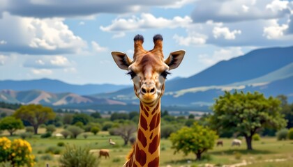 Obraz premium giraffe standing in front of a scenic landscape with mountains and trees in the background