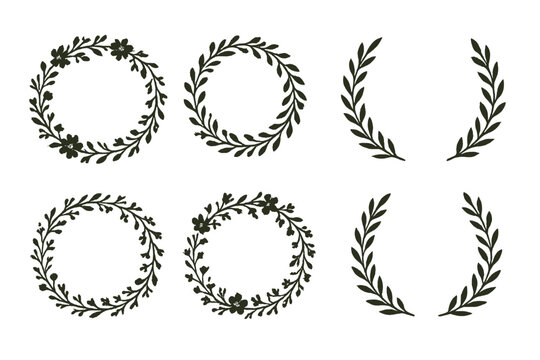 Floral wreath vector collection of hand drawn botanical elements. Vintage flower branches, leaf laurel design silhouettes. Nature inspired clipart for wedding or logo.