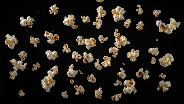Floating popcorn kernels set on a black background, evoking TV or cinema enjoyment.