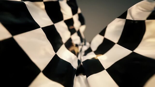 Waving Checkered Flag Symbolizing Victory in Motorsport Racing with Dynamic Motion and Bold Black and White Pattern Against a Neutral Backdrop