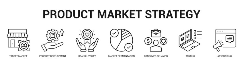 Product Market Strategy Modern and clean web banner illustration featuring thematic icons for visual communication