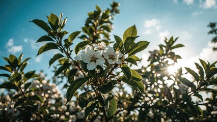 Apple tree blossoms under a clear blue sky