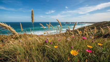 Flowering coastal grasses beside the Southern ocean in the southern territory of the country