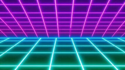 Glowing neon grid lines create a vibrant retro futuristic synthwave background. - Powered by Adobe