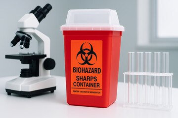 Biohazard waste storage container with sharp disposal in laboratory setting for safety