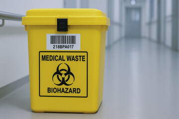 Yellow biohazard container for medical waste storage in hospital hallway safety concept