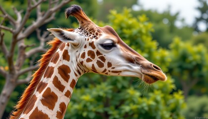 Obraz premium a giraffe standing among trees in what appears to be a natural environment. the giraffe is gazing off to one side and has an expressive face with its tongue sticking out slightly