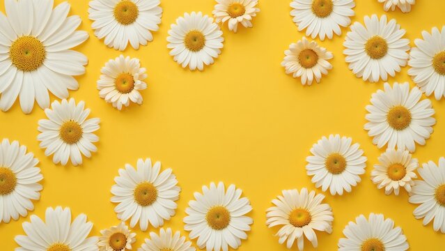 Top-down view of white daisy chamomile blossoms on a sunny yellow surface. Floral themed background with budding flowers.