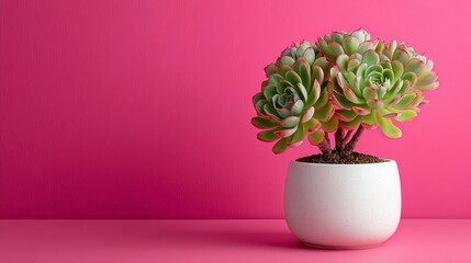 Obraz premium Succulent in white ceramic pot on pink background with vibrant lighting.