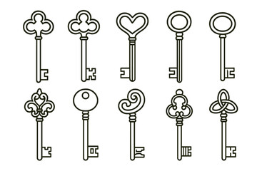 Vintage keys vector icon set. Antique skeleton key line art. Old decorative key silhouette collection. Simple retro outline design element. Secret, lock, security concept.