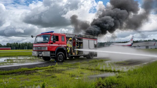 Emergency responders tackle a large fire near an aircraft, showcasing their skills while battling smoke and challenging conditions