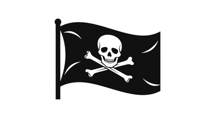 Fototapeta premium Iconic pirate flag featuring skull and crossbones on a black billowing banner in detailed monochrome vector art