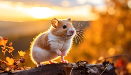 A hamster in golden autumn sunlight