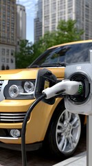 Fototapeta premium Close-up view of an electric SUV charging at a modern station with sleek architecture and contemporary design elements in the background