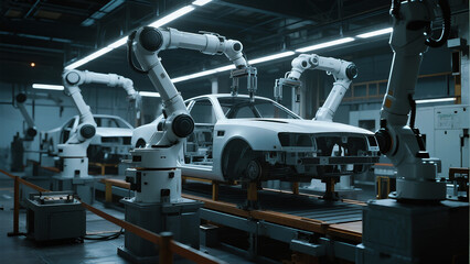 A high-tech robotic assembly line in an automotive factory, featuring multiple robotic arms working on a car chassis.