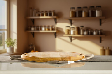 Empty kitchen counter with round wooden cutting board with copy space for product placement and blurred modern bright kitchen interior.