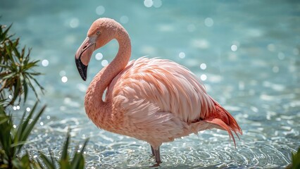 Fototapeta premium Summer scene featuring a pink flamingo on the beach
