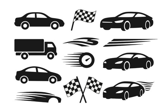 Car racing icon set. Sport vehicle silhouette collection. Auto speed symbol, motor sport graphic element. Checkered flag, truck, fast car vector illustration for decal.