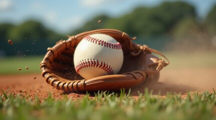 A baseball slams into a leather glove, capturing the dynamic moment of a catch with flying dust and grass, perfect for sports action concepts.

