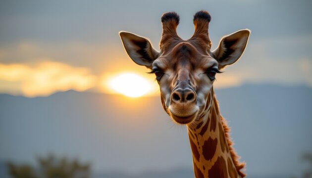 a majestic giraffe standing in silhouette against a radiant sunset with a backdrop of mountains - Powered by Adobe