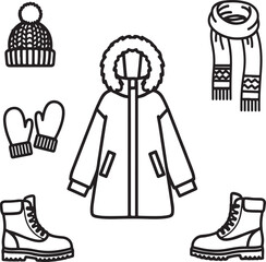 
Trendy Winter Clothing Vector – Front-open zip long coat with matching cap, gloves, scarf, and high boots, fashionable cold weather outfit, stylish winterwear collection for seasonal design projects.