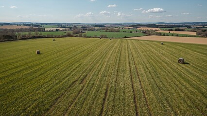 Top view of cultivated fields with recently trimmed grass prepared for hay.