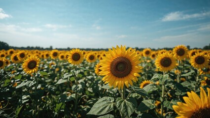 Fototapeta premium Golden sunflower fields glowing under a warm sunny sky
