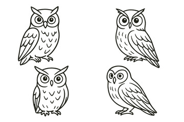 Obraz premium Owl vector outline icon set. Hand drawn minimal line art owls. Isolated cute bird character collection for tattoo, logo, clipart or coloring book. Simple cartoon doodle.