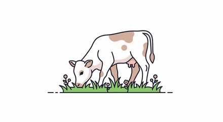Fototapeta premium Peaceful Grazing: A Minimalist Illustration of a Cow Enjoying a Meadow Scene with Delicate Outlines and Soft Colors for a Serene Aesthetic