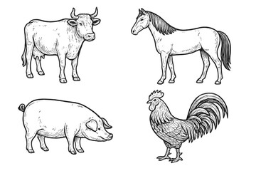 Fototapeta premium Farm animals set vector illustration. Hand-drawn sketch collection of livestock. Cow, horse, pig, and rooster icons. Vintage agriculture symbols for design projects.