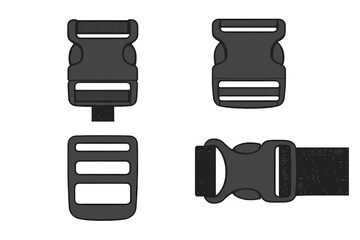 Plastic buckle vector set. Quick release fastex buckle and strap adjuster collection. Backpack parts, webbing fastener, and luggage clip accessories for outdoor gear.