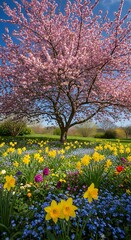 A vibrant spring garden overflowing with blossoms.