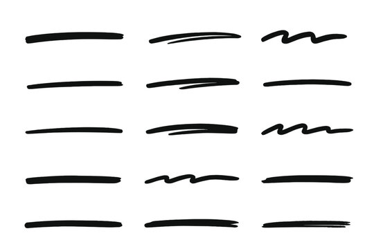 Hand drawn underlines set. Black doodle lines, brush strokes, marker pen marks. Vector sketch scribble collection for text highlighting and graphic design elements.