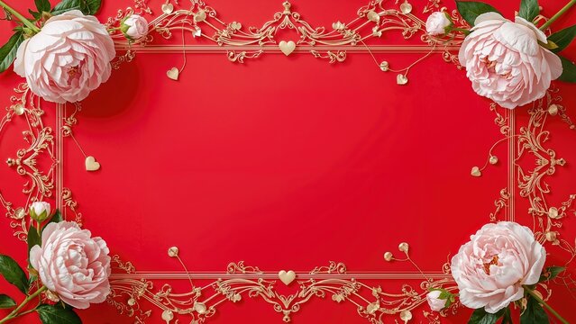 Ornate peony and heart border set against a red background. Celebration card for special days honoring affection and women with room for writing.