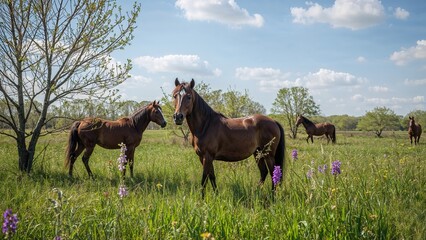 Obraz premium Untamed horses roaming a lush wetland field during spring