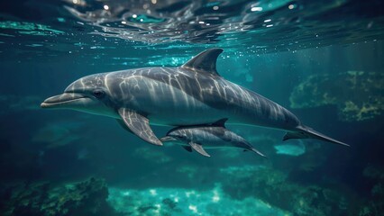 Naklejka premium Pair of dolphins (parent and offspring) moving through the water in a controlled habitat.