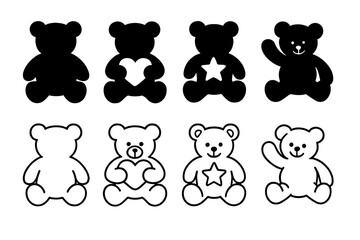 Teddy bear vector icon set. Cute toy bear silhouette and outline collection with heart and star shapes. Simple black and white animal characters for baby shower or nursery decor.