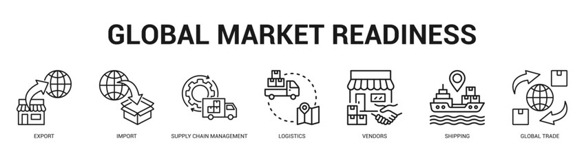 Global Market Readiness Modern and clean web banner illustration featuring thematic icons for visual communication
