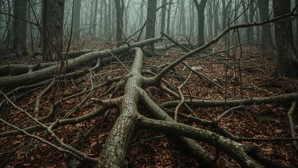 Fototapeta premium Woodland Scene Featuring Fallen Trees - Abstract