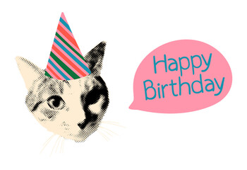 Trendy element for collage. Halftone cat wearing striped party hat with speech bubble and text Happy Birthday. Celebration concept. Modern retro vector illustration on transparent background