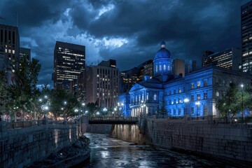 Fototapeta premium Night cityscape, illuminated blue. Modern and historic buildings frame a river