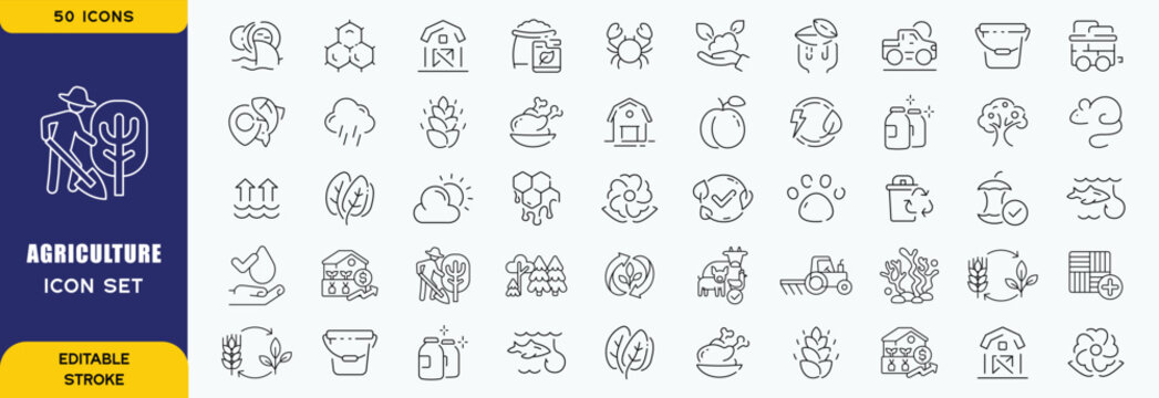 Agriculture agribusiness line icons  set. Crops seeding. Gardening tools. Fertilizer horticulture. Smart farming iconset outline pictograms. Isolated linear vector illustrations. Editable stroke