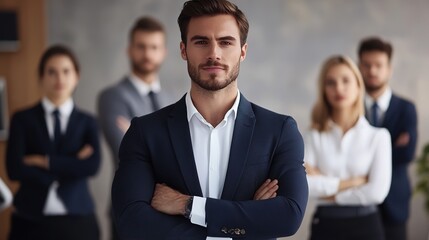 A confident businessman stands with arms crossed in front of a team of four professionals, all dressed formally in an office setting.