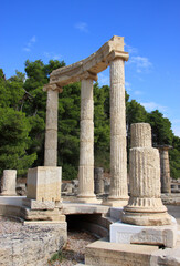 Greece, Olympia. Ancient ruins of the important Philippeion in Olympia, birthplace of the Olympic games.
