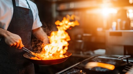 Professional chef cooking with dramatic flames in a pan, showcasing culinary skills in a commercial kitchen setting