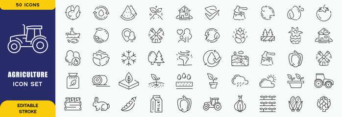 Set of 50 outline icons related to agriculture. Linear icon collection. Editable stroke. Vector illustration © Sk.Saiful
