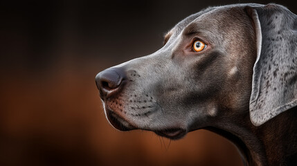 Weimaraner dog in close-up profile with intense gaze on dark background