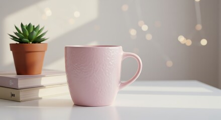Obraz premium Pink Mug with Green Succulent on Books in Bright Cozy Setting