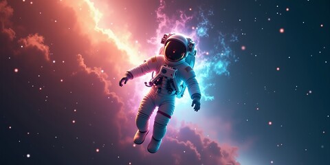 Obraz premium Exploration and discovery in deep space, astronaut floating among vibrant nebula clouds and stars in surreal cosmic scene